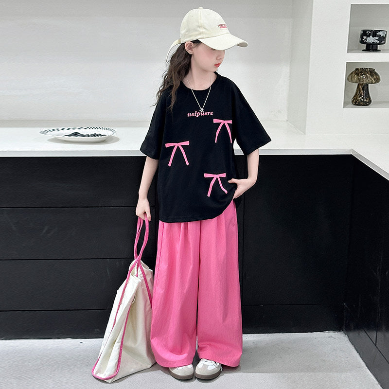 Summer kids' fashion bow t-shirt set: sweet & stylish short-sleeve top and loose-fit pants two-piece outfit for girls (sizes for mid-to-large children)