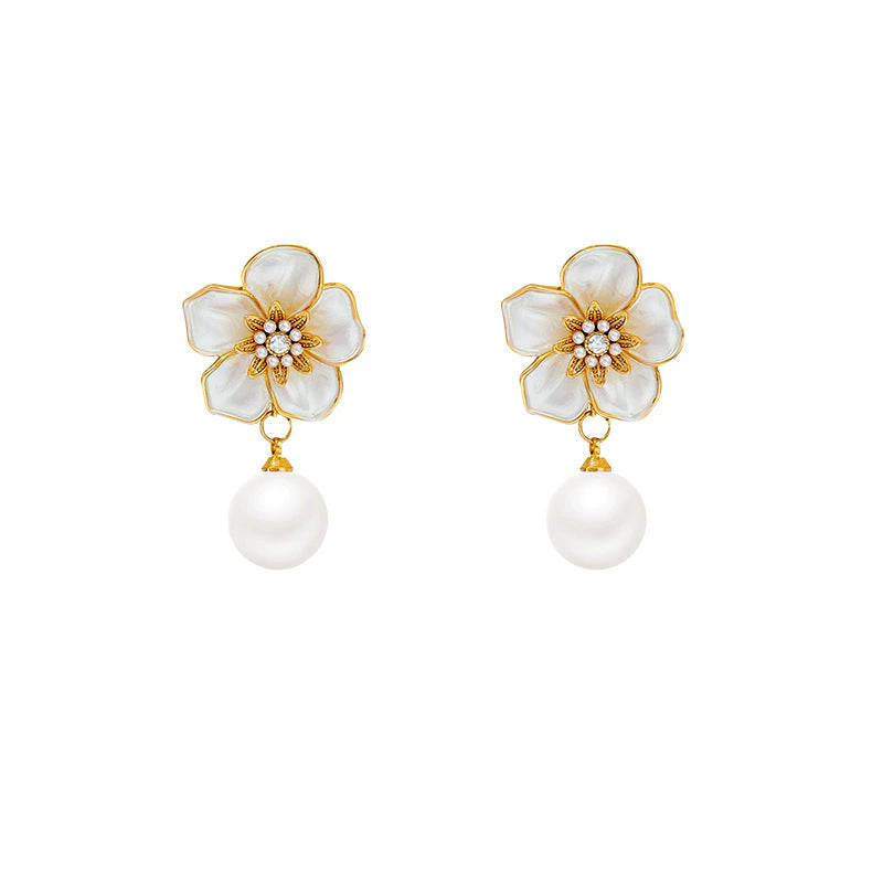 Vintage hong kong style french chic elegant white floral pearl earrings - 925 sterling silver posts - statement earrings