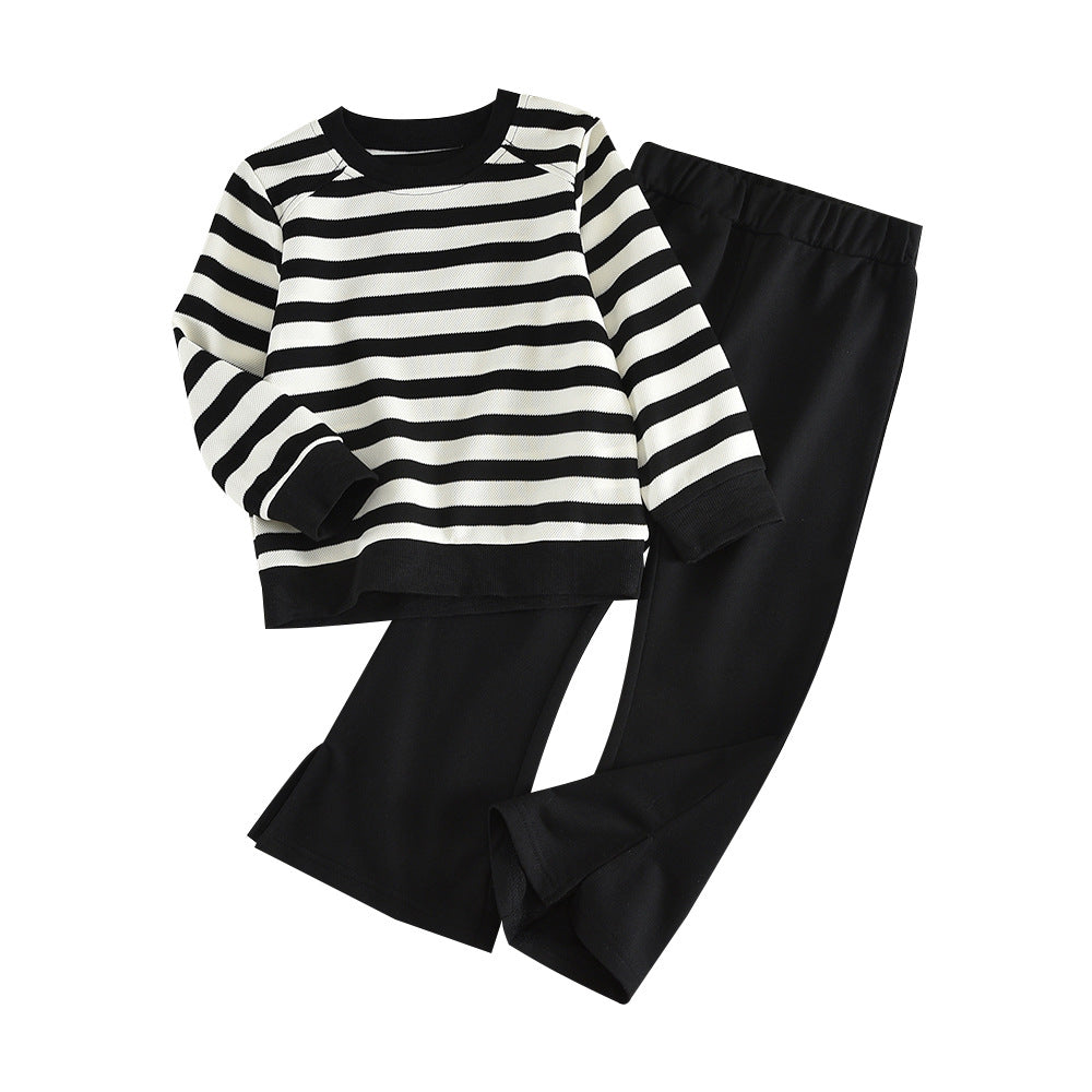 Girls' black and white striped sweatshirt set -  new fashionable and versatile kids' top and flared leg pants two-piece outfit