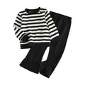 Girls' black and white striped sweatshirt set -  new fashionable and versatile kids' top and flared leg pants two-piece outfit