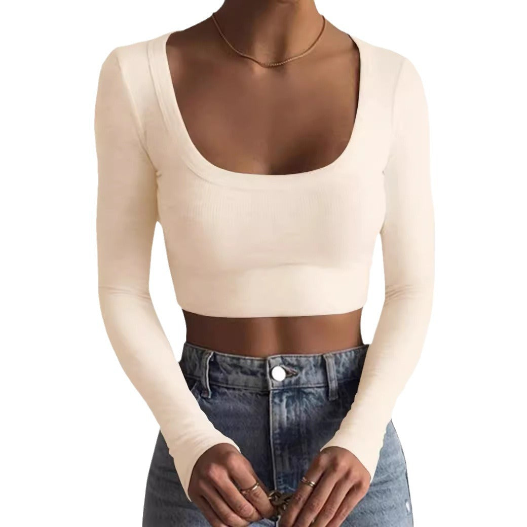 2024 new product  Europe and America, large round neck long sleeve threaded pure cotton ultra-short slim and thin T-shirt with exposed navel base.