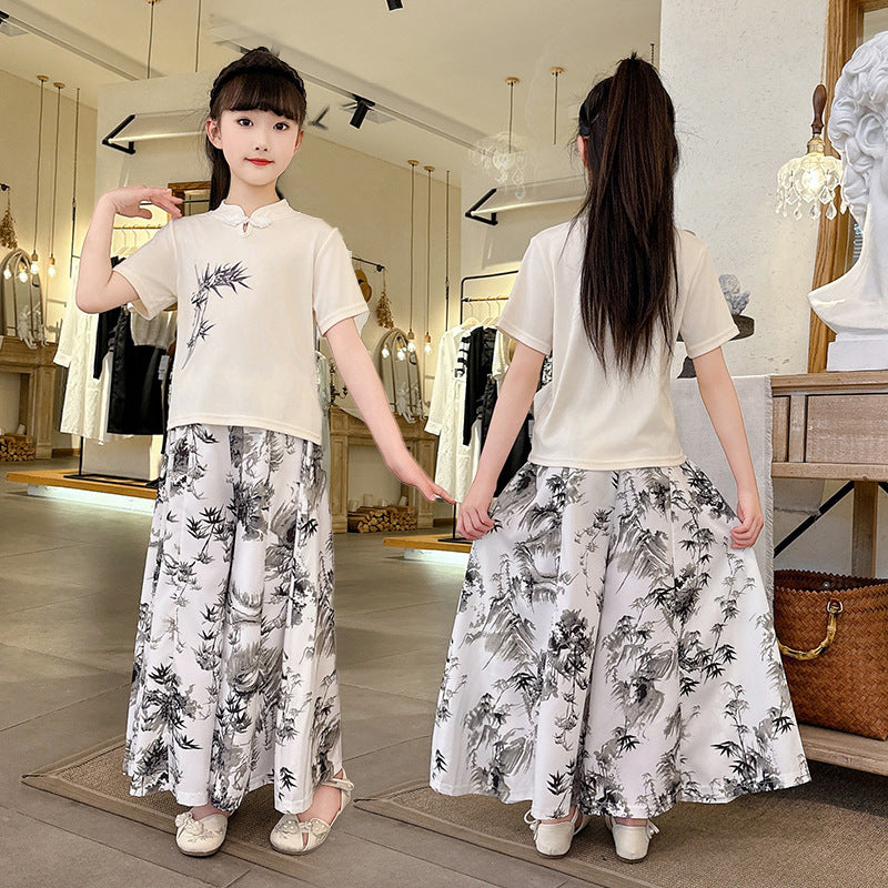 Girls'  new summer outfit set, mid-to-large children's summer clothing, chinese style with a modern twist, chinese-inspired short-sleeve two-piece trendy set