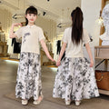 Girls'  new summer outfit set, mid-to-large children's summer clothing, chinese style with a modern twist, chinese-inspired short-sleeve two-piece trendy set