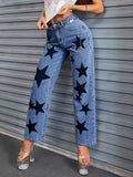 Women's black star denim jeans - new casual, edgy street style wide leg high waist washed jeans