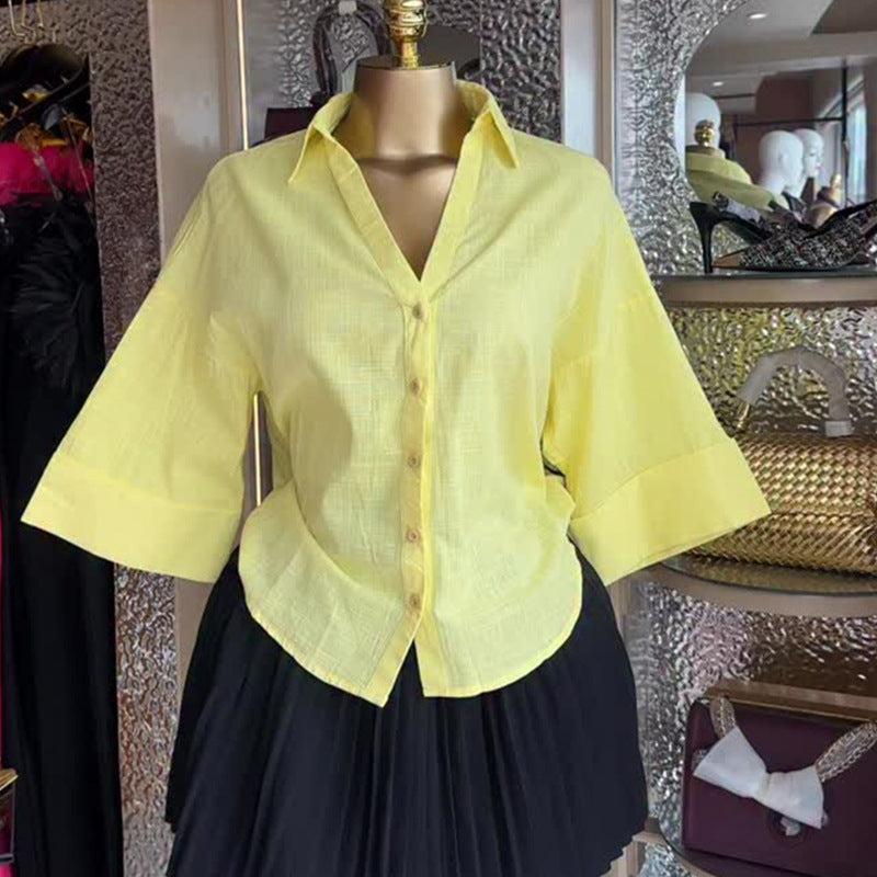 European and american cross-border women's fashion:  autumn new collection - solid color turn-down collar, loose fit, casual cropped mid-sleeve shirt top