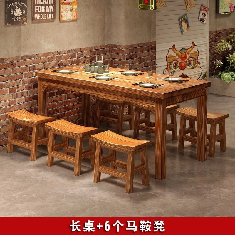 Solid wood dining table and chairs chinoiserie carbonized hot pot barbecue rectangular log dining table restaurant snack shop restaurant dining table