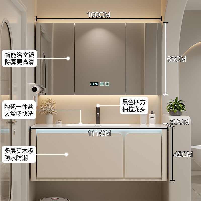 陶瓷一体盆浴室柜组合奶油风卫生间洗漱台洗手池盆柜实木卫浴柜新