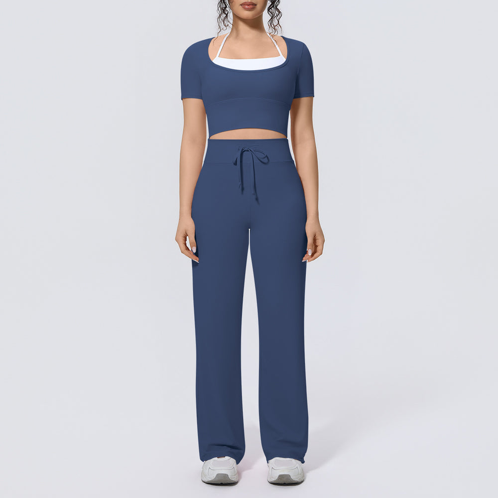 Fake two-piece sports short-sleeved yoga suit with chest pad, drawstring wide-leg straight-leg pants, quick-drying running fitness suit
