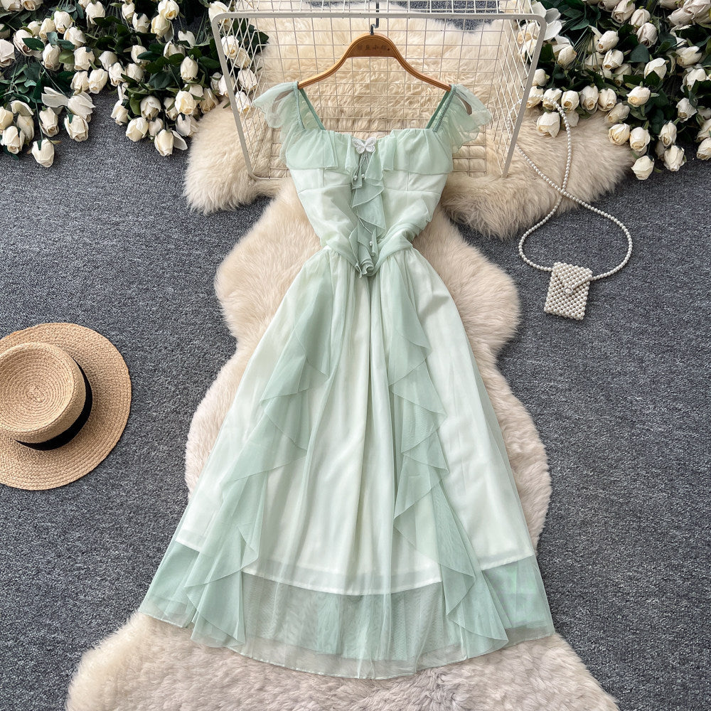 French sweet bowknot camisole dress - women's summer ruffle backless a-line dress - slimming, elegant, vacation style