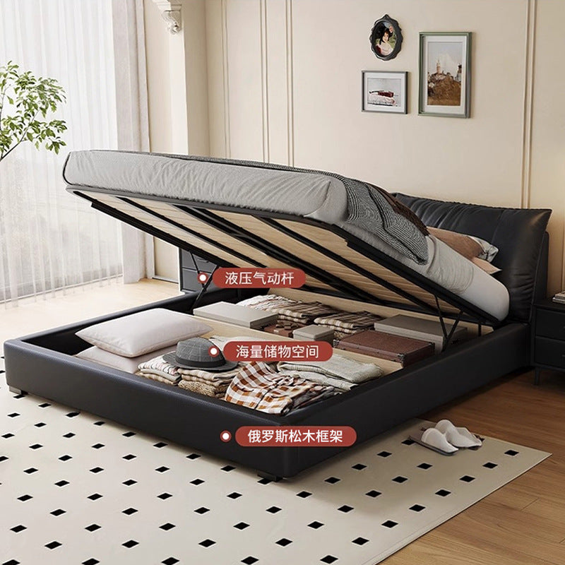 Source factory black leather bed italian normcore master bedroom upholstered double bed storage air pressure high box storage bed