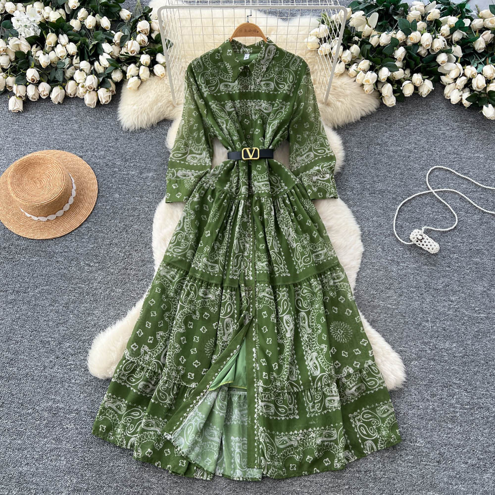 French retro fashion printed long sleeve single-breasted tie-waist dress - women's autumn  high-end maxi dress