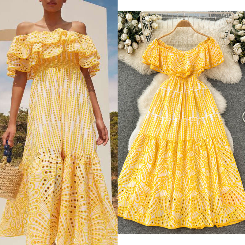 Elegant, sophisticated, and effortlessly chic: this ruffled, off-the-shoulder, lace-embroidered, and cutout maxi dress is perfect for a glamorous beach vacation