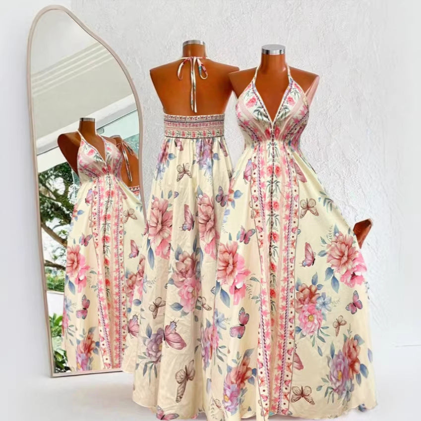 summer fashion casual european and american cross-border spaghetti strap printed v-neck slim-fit in-stock dress - elegant women's apparel