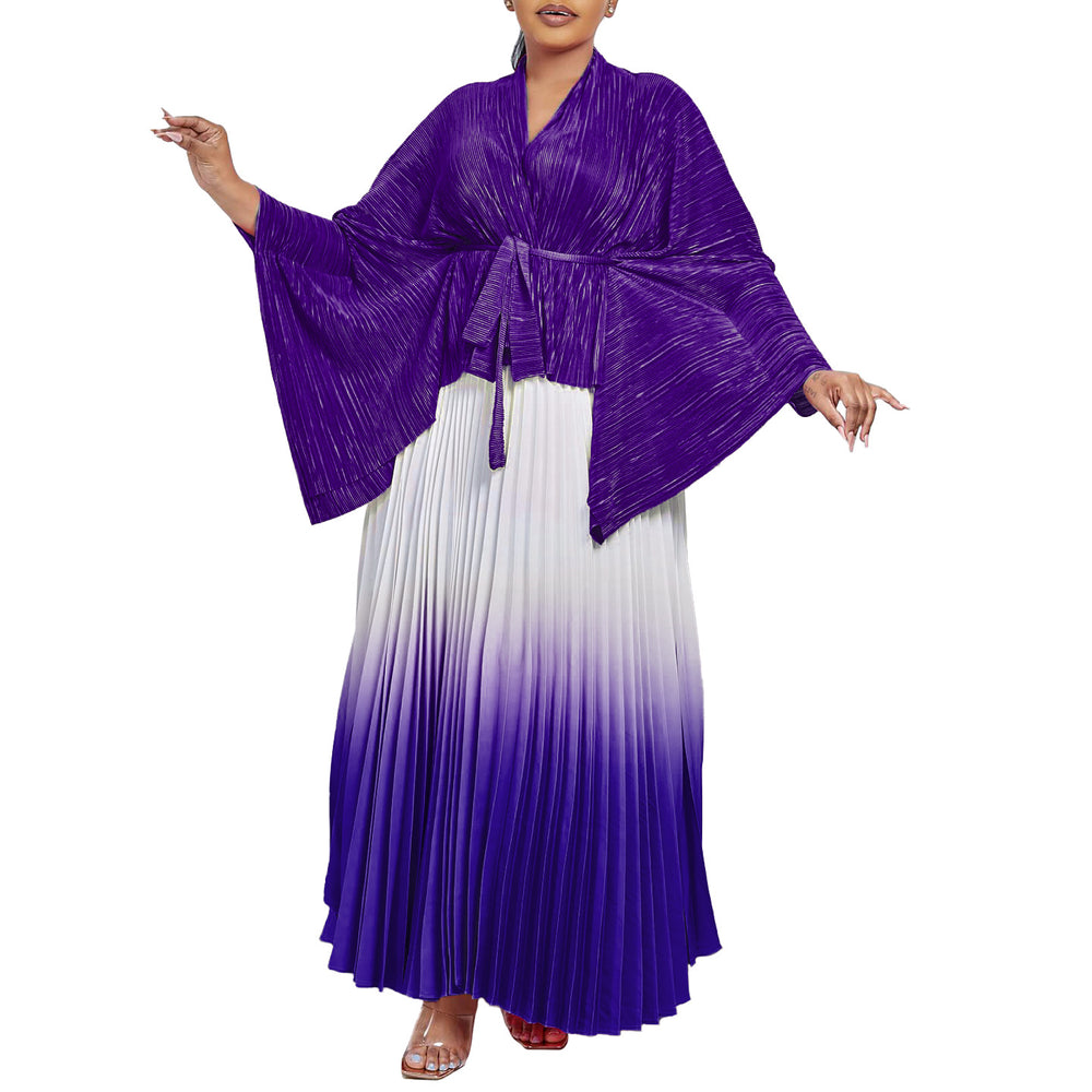 Q120 new  fashion pleated minimalist solid color top and gradient flared skirt two-piece set