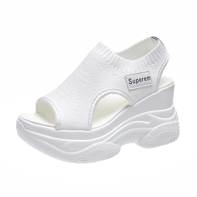Popular summer new knitted fish mouth shoes fairy style muffin bottom high heel flying woven wedge heel thick sole sports women's sandals