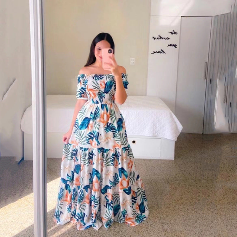 new spring/summer cross-border fashion: european and american style women's one-shoulder floral print maxi dress - off-the-shoulder fairy dress