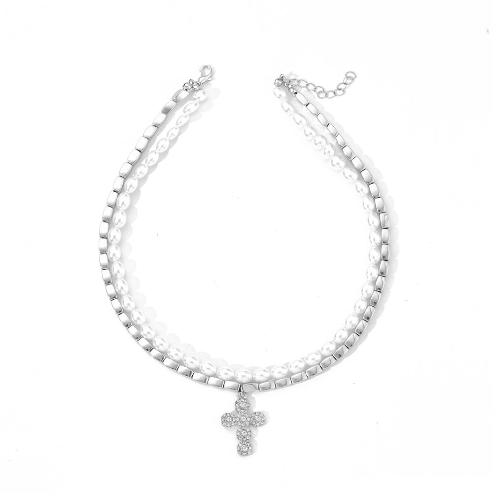 European and american cross-border baroque imitation pearl necklace for women, niche light luxury high-end diamond-encrusted cross pendant choker