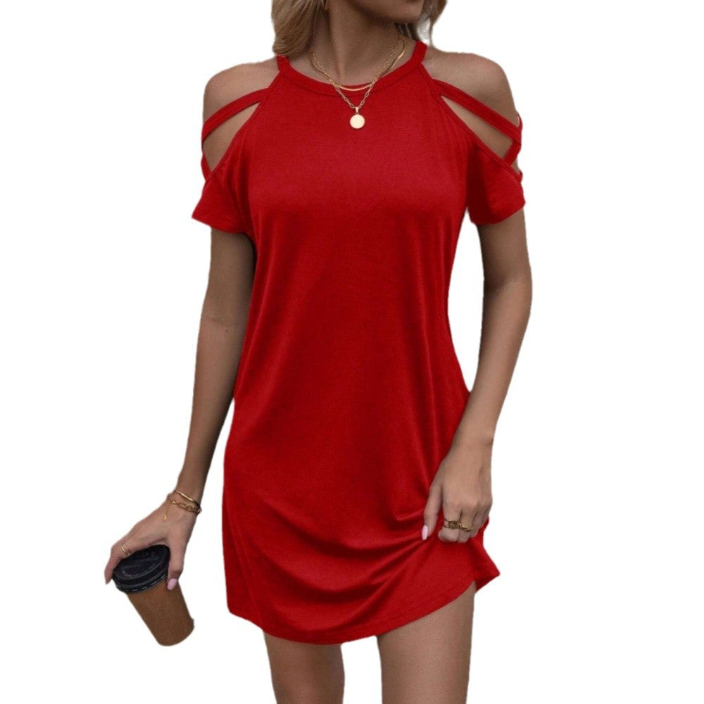 spring/summer new arrival:  cross-border women's loose fit casual sexy off-shoulder knitted short-sleeve mini dress