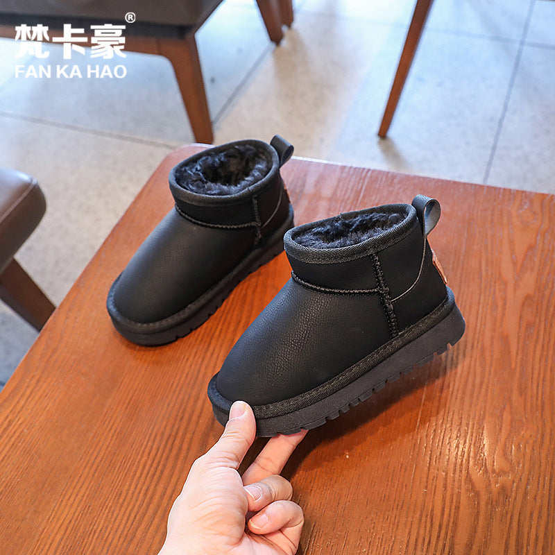 Kidsthickenedheattech snow boots autumn winternew arrivalsex girl black cotton shoes boys short boots medium and big kids shoes