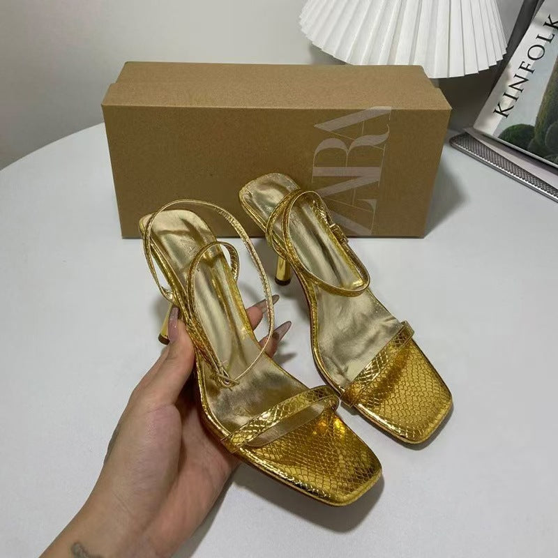 Za2024 new thin heel high heel women's shoes square toe one-piece gold snake pattern open toe back strap open heel sandals for women