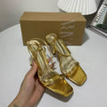 Za2024 new thin heel high heel women's shoes square toe one-piece gold snake pattern open toe back strap open heel sandals for women