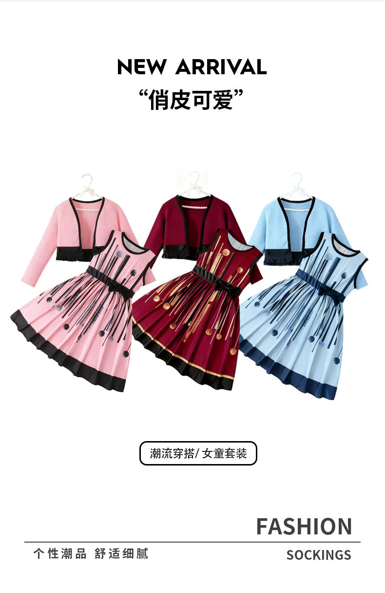 girls' skirt set: pink tank dress with long-sleeved jacket, autumn outfit for girls, two-piece children's set