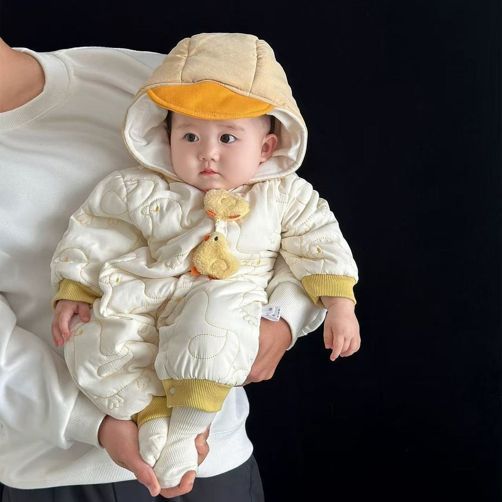 Winter baby medium-thick outwear bodysuit, warm fleece-lined romper, newborn cartoon onesie