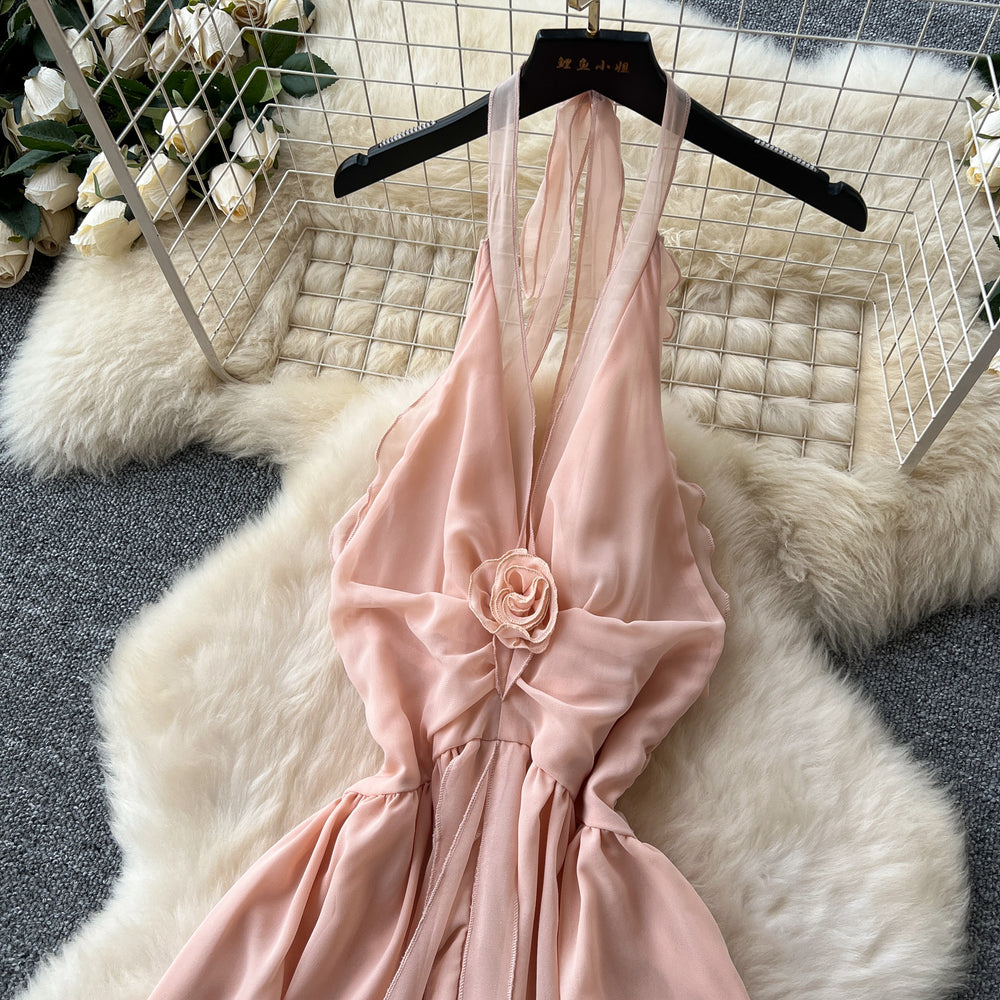 Beach vacation dress women's summer dress sense of design v neck halter suspender backless slit chiffon beach skirt long skirt