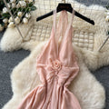 Beach vacation dress women's summer dress sense of design v neck halter suspender backless slit chiffon beach skirt long skirt