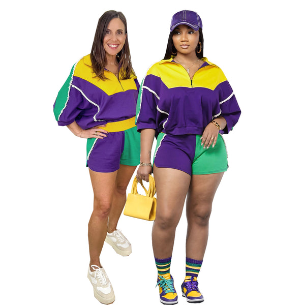 TW643 European and American fashion women's clothing design sense contrasting color splicing pearl edge shorts set sports and leisure two-piece set