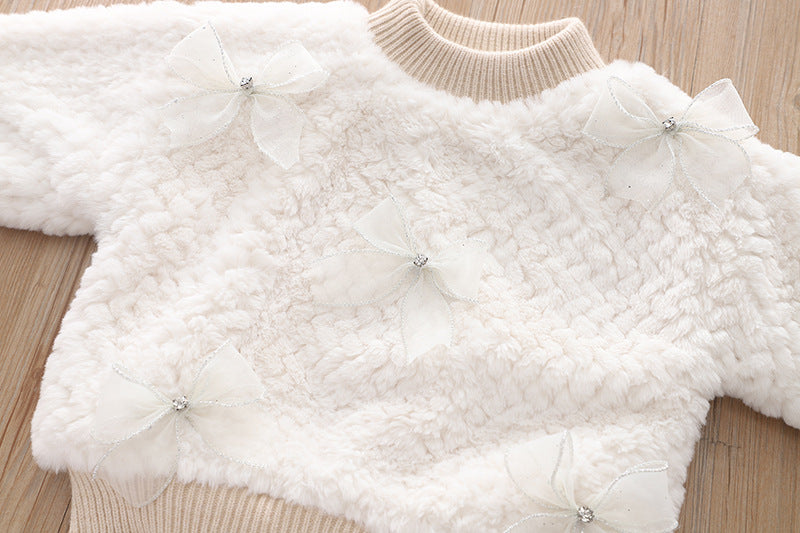 Girl pulloverfleece-linedthickenedheattechwinternew arrivalk-style round neck imitation fur babytops inner wear