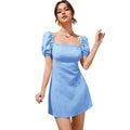 Amazon fashion cross-border elegance style square neck puff sleeve dress spring new high waist a-line skirt for women