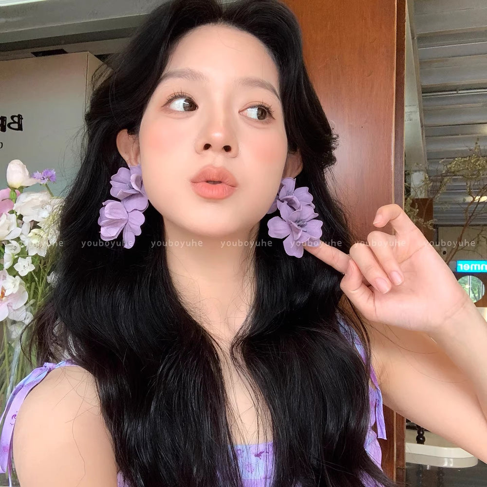 Super fairy purple flower earrings for women, beach vacation style, beautiful exaggerated earrings, 2026 new earrings wholesale