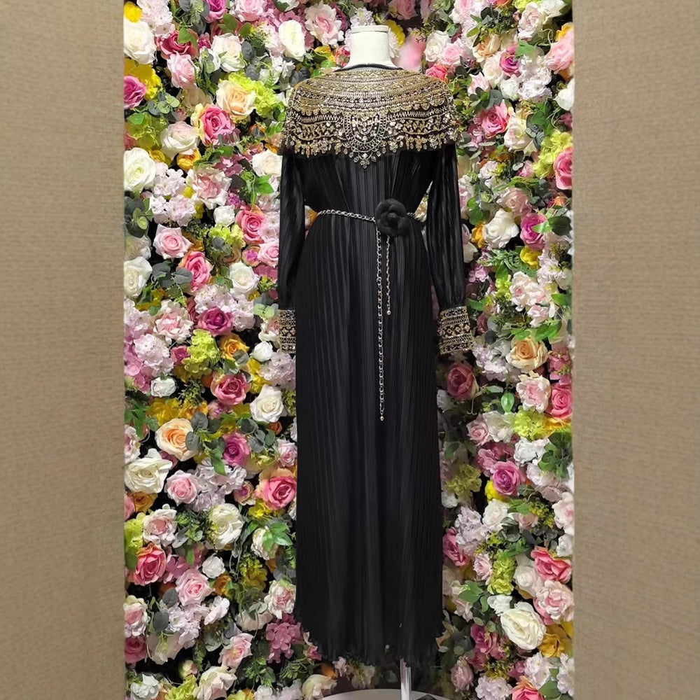 Classy lady style export beading shawl long sleeves pleated loosedress metal belt banquet long dress women