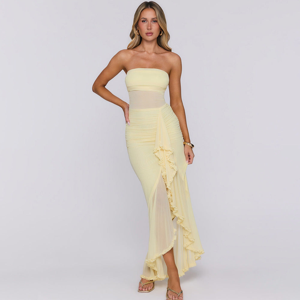 Amazon women's clothing  new arrival: elegant sleeveless bandeau sexy high-slit ruffle detail backless bodycon dress