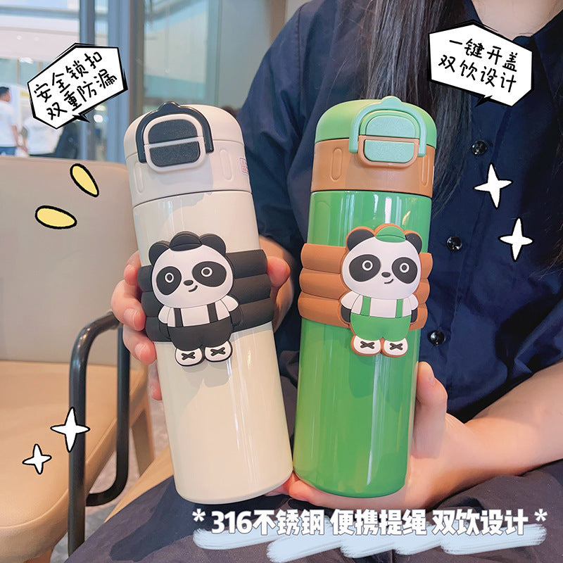 Cartoon red panda straight body insulated water bottle, 316 stainless steel, large capacity, dual-drink kids' water bottle, cute straw cup