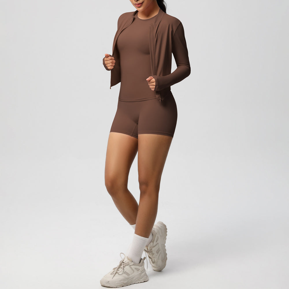 new breathable brushed fleece long-sleeve workout set - solid color three-piece gym outfit for women