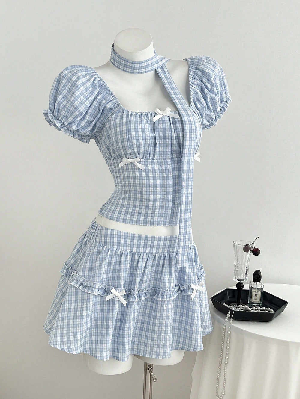 In-stock - 95333#  cross-border summer women's plaid puff sleeve blouse & a-line skirt two-piece set