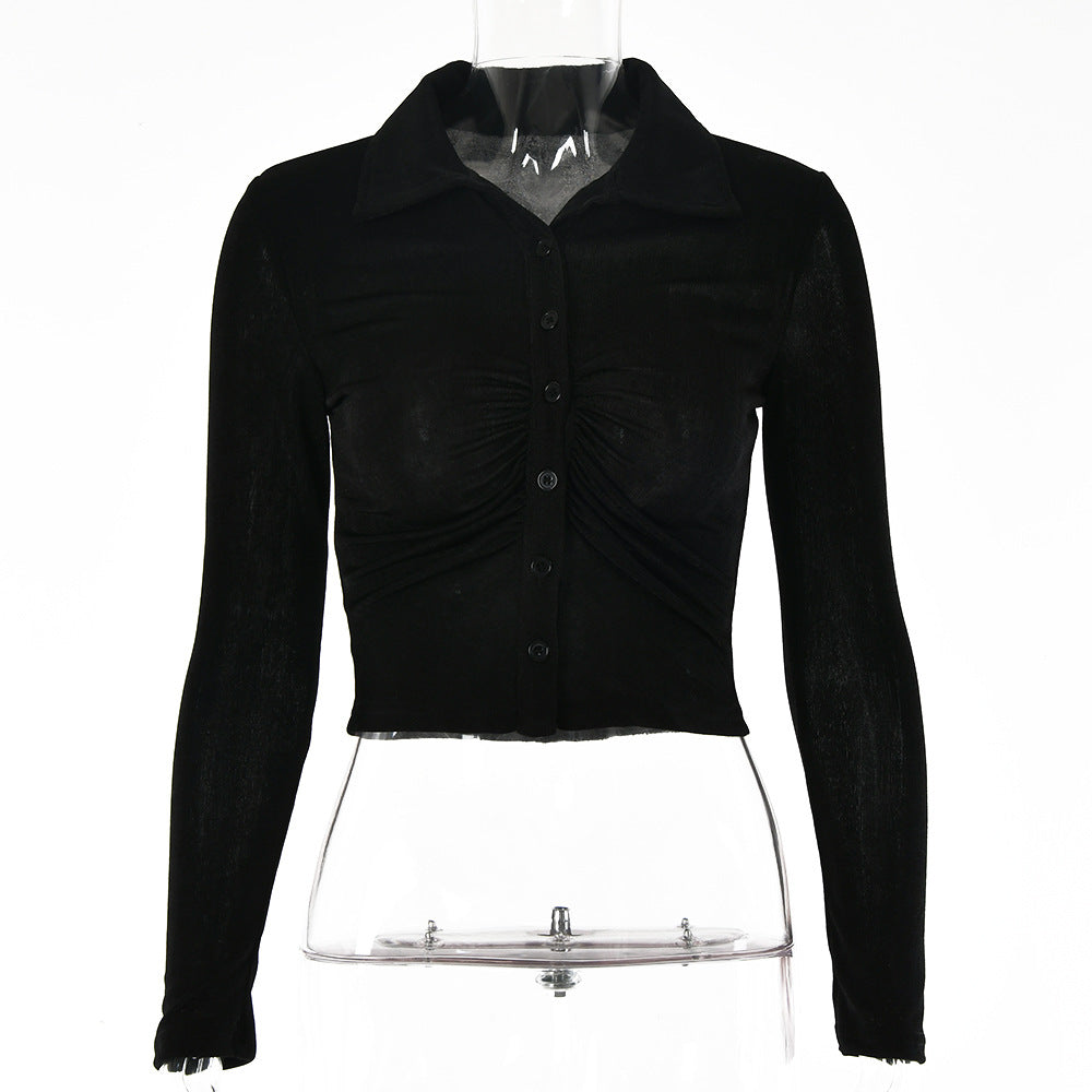 Europe and America ins2022 summer new retro cardigan pleated single-breasted T-shirt solid color sexy lapel shirt top women