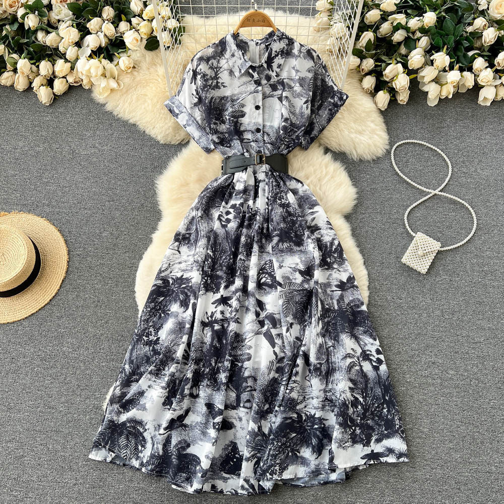 Palace style frenchniche styleeleganteleganceprintingdress women's summernew arrival waist slimming look gentle style long skirt