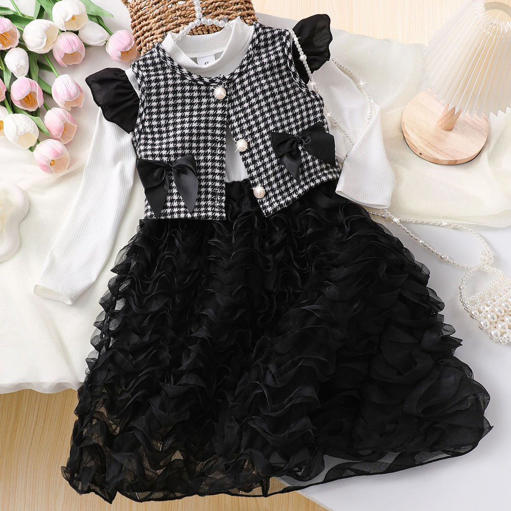 Girls' two-piece set: 3d ruffle sleeve dress + plaid cardigan