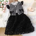 Girls' two-piece set: 3d ruffle sleeve dress + plaid cardigan