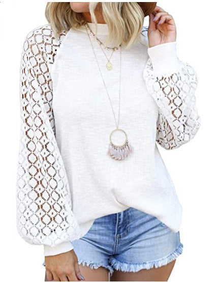 fashionexport cross-border new arrival  independent station round neck long sleeves lacepatchworkloosetops women