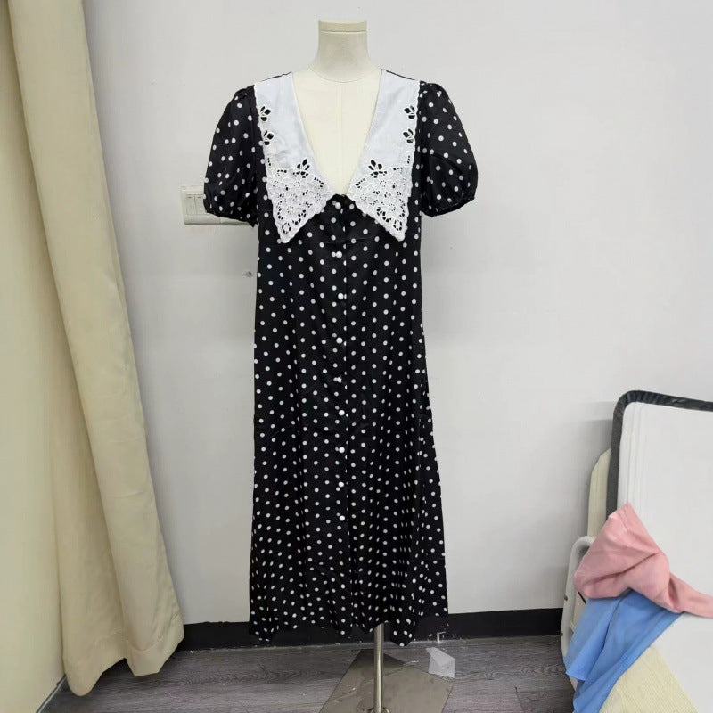Amazon european style retro casual elegant polka dot pattern puff sleeve single-breasted elegant long dress