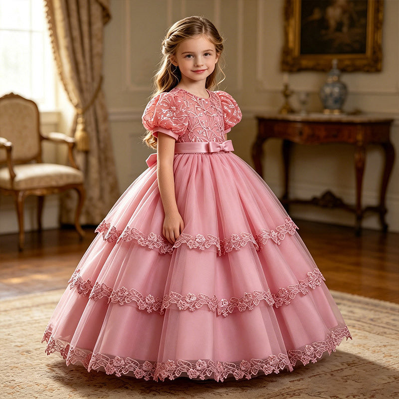 new arrival children's dress princess dress girl long dress short sleeve mesh tutu skirt lace costume in stock