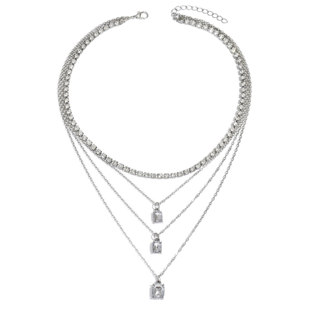 Square rhinestone pendant wholesale - european & american cross-border style, unique multi-layer necklace, light luxury, high-end full diamond chain necklace for women