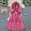 Frenchclassy heavy industry beading stereo flower lapel long sleeves single breasted strap waist elegantdress women