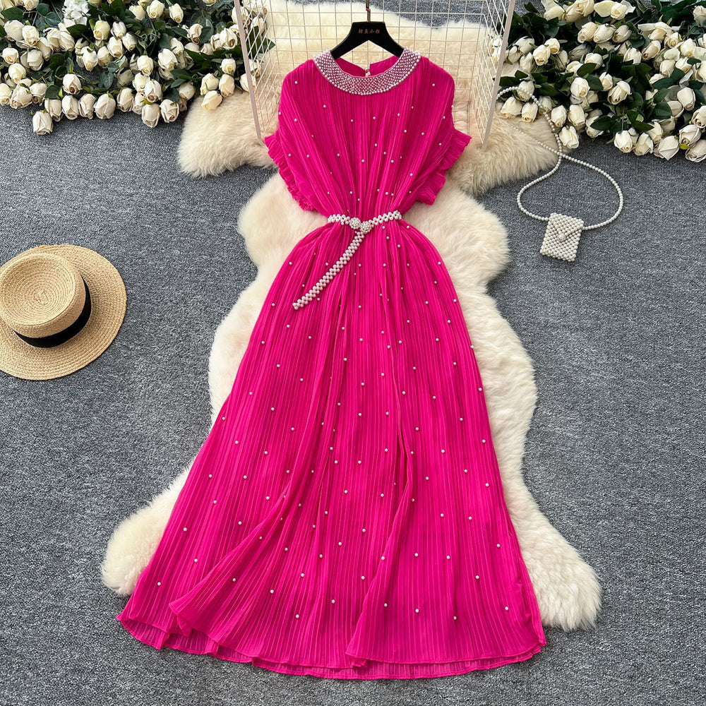 summer women's niche high-end beaded round neck short sleeve tie-waist pleated dress