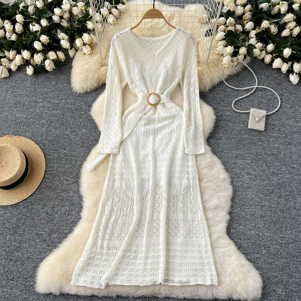 Order korean style gentle style cut out crochet knittingdress women's waist strap over the knee suspender bottom skirt suit
