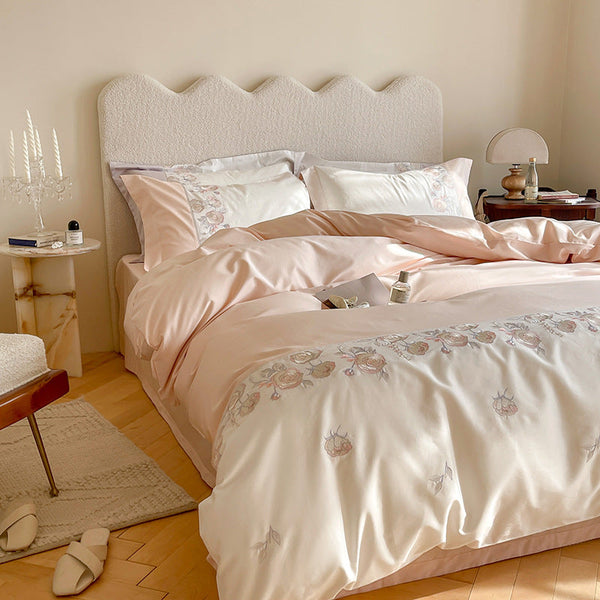 Modern light luxury style beautiful embroidery super soft four-season bedding high-grade pink purple pure cotton long-staple cotton four-piece set